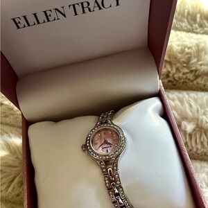 Ellen Tracy Pink and Silver Watch with Crystal Accents